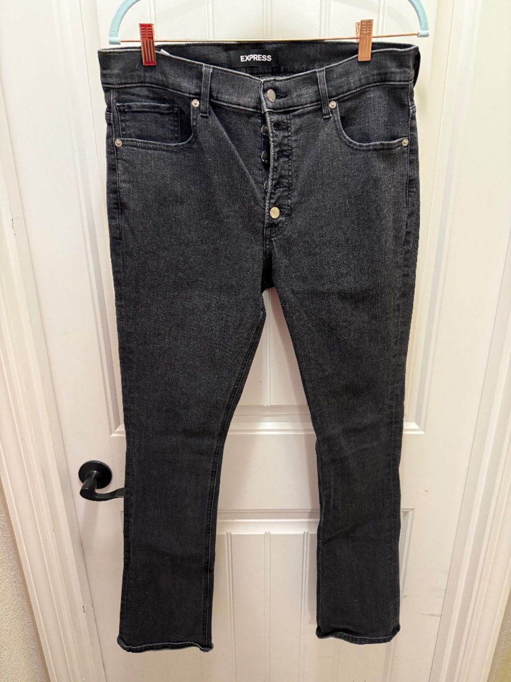 Express Black Wash Skyscraper Button Front Jeans, 14